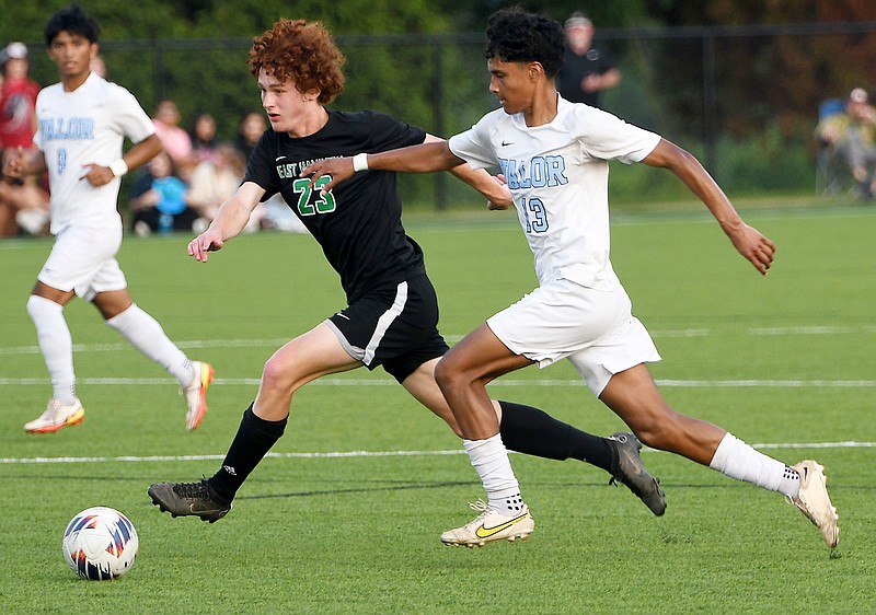 Staff Photo by Robin Rudd / East Hamilton's Dawson Bovell (23) controls the ball against a Valor Prep player. TSSAA soccer was played at the Richard Siegel Soccer Park in Murfreesboro on May 23, 2023.