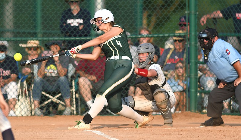 Staff photo by Robin Rudd / Silverdale Baptist Academy's Braylee Raby makes contact for a home run during the Lady Seahawks' 1-0 win against Columbia Academy in the TSSAA Division II-A state tournament Wednesday in Murfreesboro.