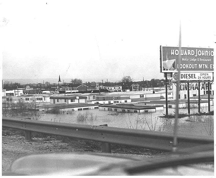 Contributed photo / This view of Chattanooga from I-24 at Rossville Boulevard shows almost completely submerged buildings in 1973.