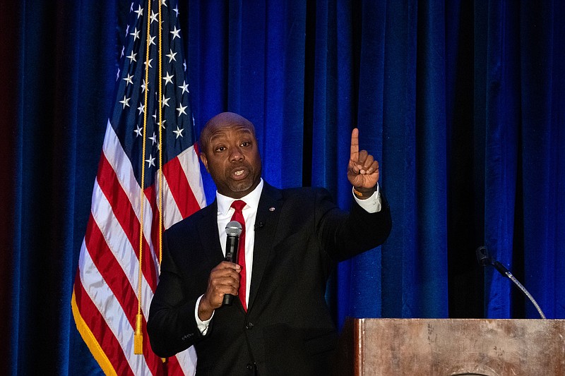 File photo/Haiyun Jiang/The New York Times / Sen. Tim Scott, R-S.C., speaks in Charleston, S.C., on Feb. 16, 2023. The biggest question looming over Scotts presidential candidacy is whether his message of positivity steeped in religiosity can attract enough Republican voters to win in a crowded primary.