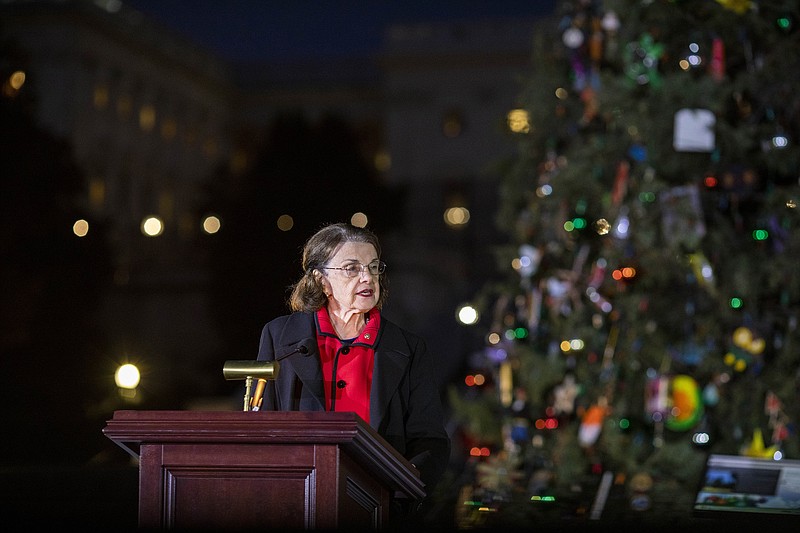 File photo/Jason Andrew/The New York Times / Sen. Diane Feinstein, D-Calif., speaks during the annual Capitol Christmas tree lighting ceremony in Washington on Wednesday, Dec. 1, 2021.
