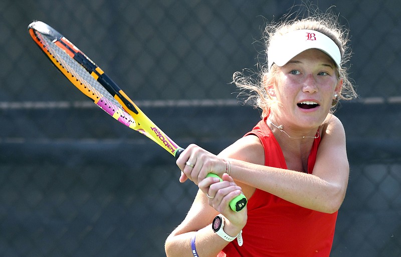 Staff photo by Robin Rudd / Baylor's Gabby Czarnecki watches a backhand return during her Division II-AA doubles match with Sloane Proffitt against Knoxville Catholic's Eleni Liakonis and Lillie Murphy on Friday at the Adams Tennis Complex in Murfreesboro, Tenn. The state finals for doubles and singles were held on the final day of the TSSAA Spring Fling.