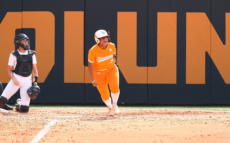 Tennessee Athletics photo / Tennessee's Zaida Puni celebrates the flight of her three-run home run to left field during the second inning of Friday's 5-2 win over Texas in the opening game of the best-of-three NCAA tournament super regional inside Sherri Parker Lee Stadium.