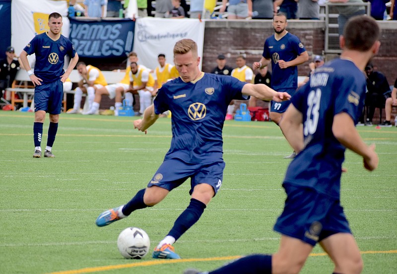 Staff photo by Patrick MacCoon / Chattanooga FC striker Markus Naglestad attempts a free kick in a NISA match against the Savannah Clovers on May 6 at Finley Stadium.