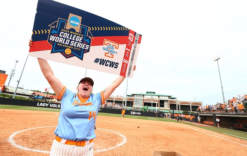 Tennessee Athletics photo / Tennessee fifth-year senior pitcher and former Meigs County standout Ashley Rogers celebrates following Saturday's 9-0 blanking of Texas that clinched a Women's College World Series trip for the Lady Vols.