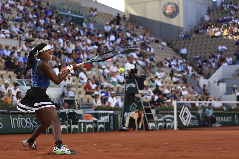 AP photo by Aurelian Morissard / Coco Gauff plays a shot against Julia Grabher during a French Open second-round match Thursday in Paris.