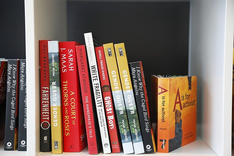 Books are displayed at the Banned Book Library at American Stage in St. Petersburg, Fla., Feb. 18. (Jefferee Woo/Tampa Bay Times via AP, File)