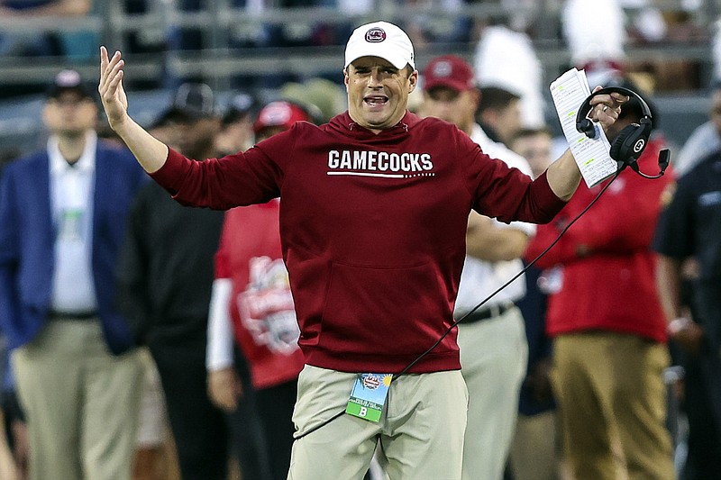 AP photo by Gary McCullough / South Carolina football coach Shane Beamer reacts to a call during the Gamecocks' Gator Bowl matchup with Notre Dame on Dec. 30 in Jacksonville, Fla.