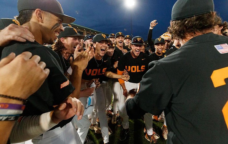 Tennessee Athletics photo / Tennessee baseball players celebrate after Sunday night's 9-2 downing of Charlotte that clinched the Clemson Regional for the Volunteers.