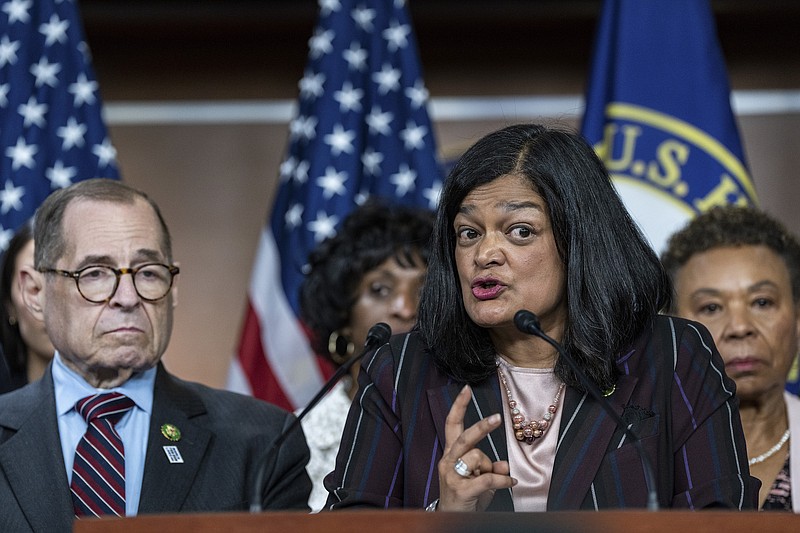 Photo/Haiyun Jiang/The New York Times / Rep. Pramila Jayapal, D-Washingotn, the chair of the Congressional Progressive Caucus, holds a news conference with other caucus members on Capitol Hill in Washington on May 24, 2023. Jayapal criticized provisions in the debt ceiling deal that would impose stricter work requirements for assistance programs.