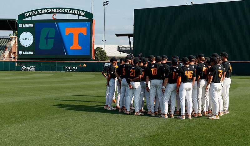 Tennessee Athletics photo / Tennessee's baseball team, pictured here before Sunday's 9-2 downing of Charlotte in the Clemson Regional, will travel to Southern Miss for the super regional.