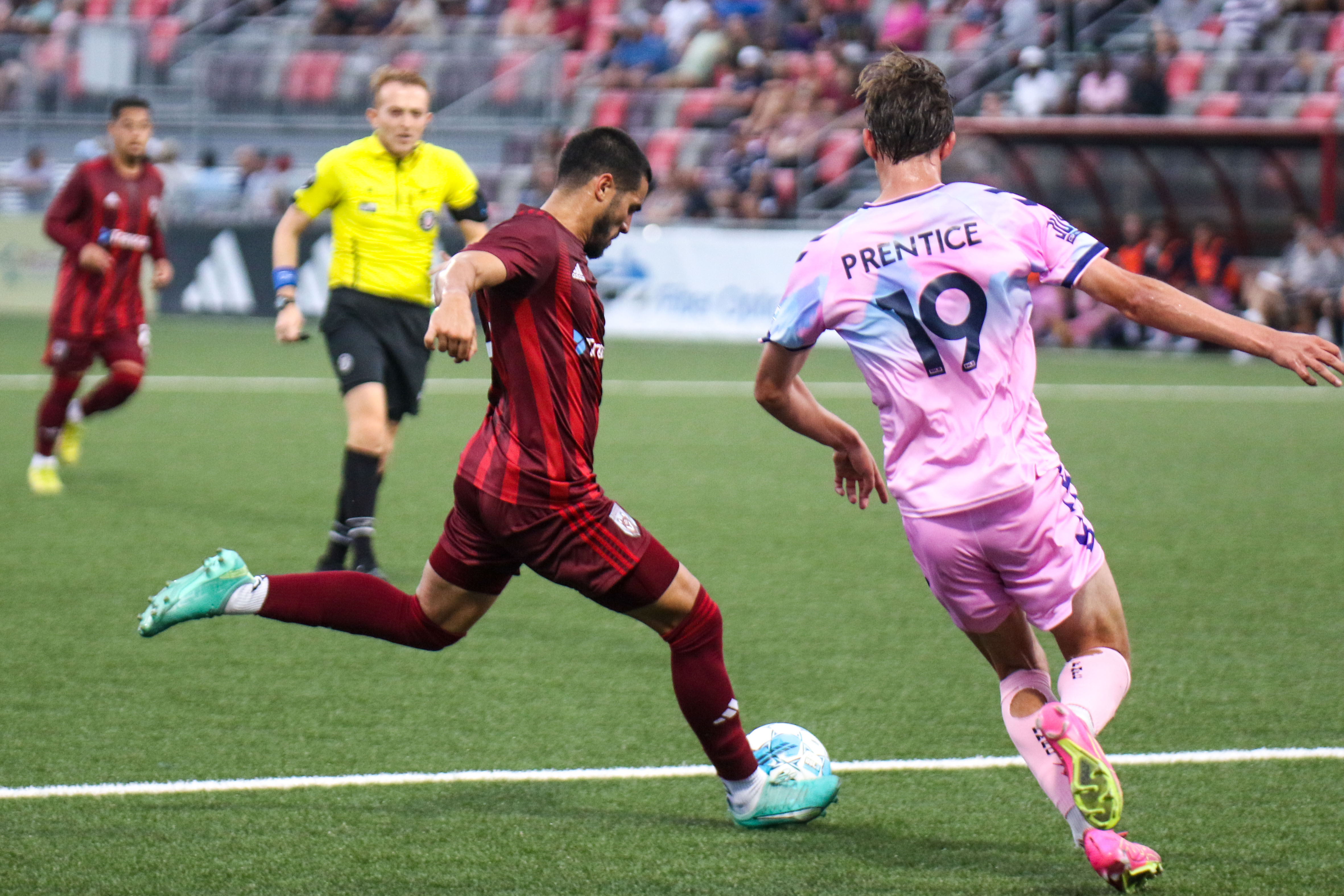 Staff photo by Olivia Ross / Chattanoogas Nicolas Cardona (4) heads for the goal. The Chattanooga Red Wolves took on Forward Madison on Wednesday, June 7, 2023.