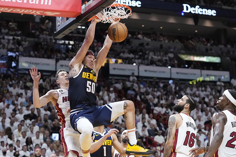 AP photo by Wilfredo Lee / Denver Nuggets forward Aaron Gordon dunks during Game 4 of the NBA Finals against the host Miami Heat on Friday night.