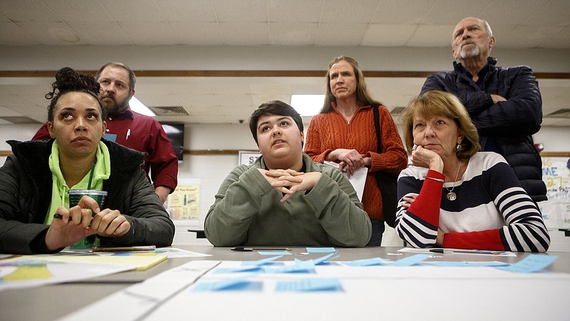 Staff Photo / Chattanooga Center for the Creative Arts senior Alex Laudeman, center, voices his concerns during a breakout group during a community forum at Tyner Academy in 2020. The event was held to gather community feedback on updated facilities recommendations.