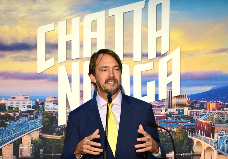 Staff Photo by Robin Rudd / Chattanooga Tourism Co. President and CEO Barry White speaks at an event at the Chattanooga Convention Center on Aug. 24.