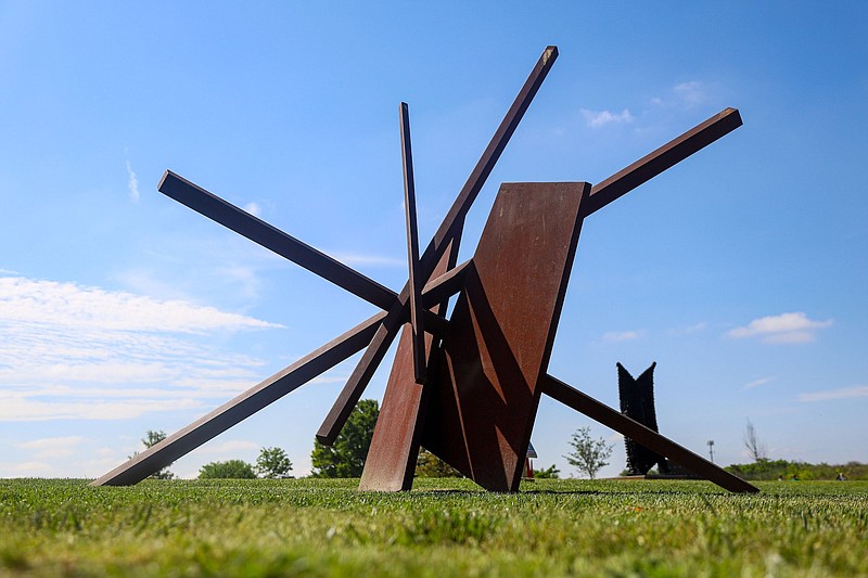 Staff file photo / John Henrys “Blocker” is seen at the Sculpture Fields at Montague Park on Tuesday, May 9, 2023. John and Pamela Henry launched the space in 2016. The board of Sculpture Fields held a tribute in John Henrys memory on May 6, 2023.