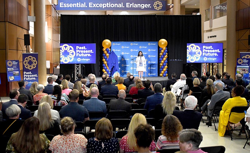 Staff Photo by Robin Rudd / Erlanger Board of Directors Chair Sheila Boyington, acting as master of ceremonies, begins the program as people fill the Medical Mall for an event Thursday to celebrate Erlanger's transition to a private nonprofit hospital.