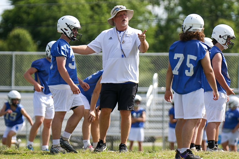 Staff photo by Olivia Ross / Sale Creek football coach Jason Fitzgerald talks to players during a May practice. Fitzgerald was hired in February to lead the Panthers after resigning from Meigs County, where he had a highly successful run as coach of the Tigers.
