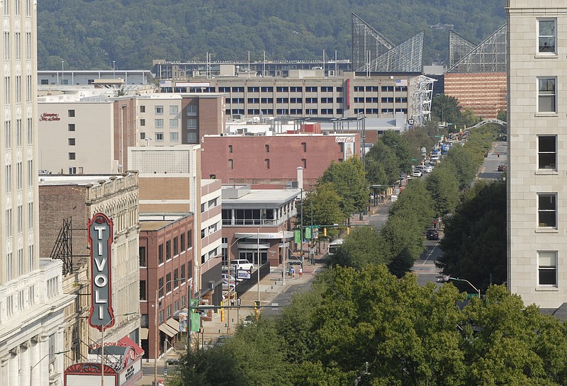 Staff File Photo / This view of Broad Street from the Tivoli Theatre to the Tennessee Aquarium was taken from the seventh floor of the EPB building in downtown Chattanooga.