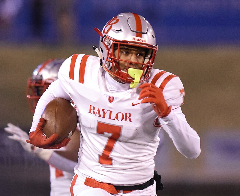 Staff photo by Matt Hamilton / Baylor's Amari Jefferson runs for a touchdown after catching a pass during the TSSAA Division II-AAA BlueCross Bowl state final  in December 2022.