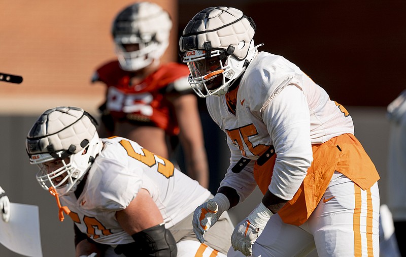 Tennessee Athletics photo by Andrew Ferguson / Tennessee sixth-year senior left tackle John Campbell Jr. prepares for a play during spring practice. Campbell wore No. 75 in the spring but is now wearing No. 74.