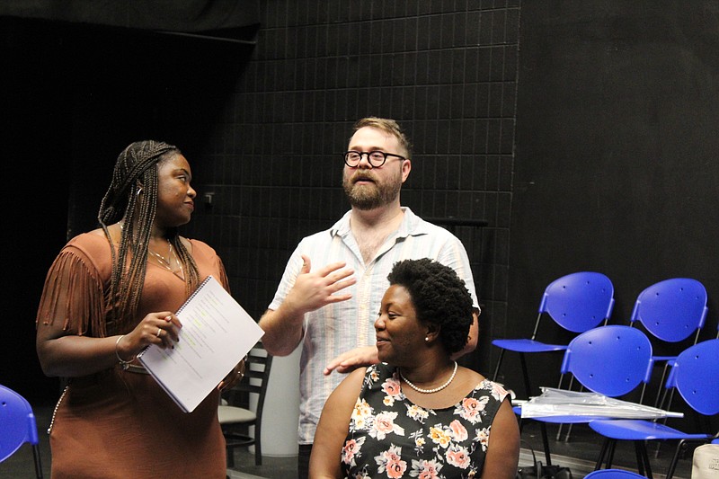 Contributed Photo / Blake Harris, center, directs actors Kashun Parks, left, and Nneka Ijeoma in rehearsal for Obvious Dad's production of "Lear," the final production of the 2023 season, continuing weekends through Aug. 20.