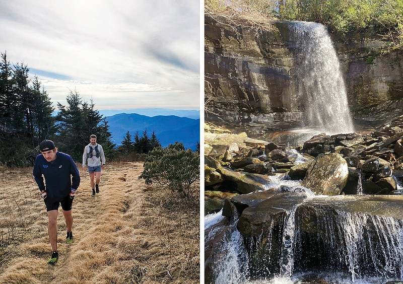 Left photo by Lea Mulligan / Skyler Baker and Michael Basuini hike to the Black Mountain Crest in North Carolina. / Right photo by Skyler Baker / Rainbow Falls is a great spot for a photo on the way to the top of Mt. LeConte.