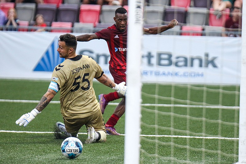 Staff file photo by Olivia Ross / The Chattanooga Red Wolves Chevone Marsh, right, scored during Saturday night's USL League One loss in Omaha, Neb.