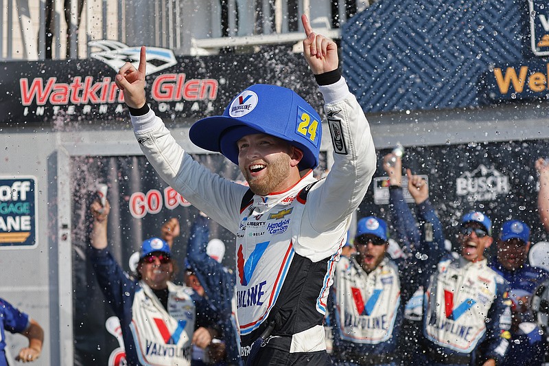 AP photo by Jeffrey T. Barnes / Hendrick Motorsports driver William Byron celebrates after winning Sunday's NASCAR race in Watkins Glen, N.Y. The first road course victory of Byron's Cup Series career was his fifth win overall this season.