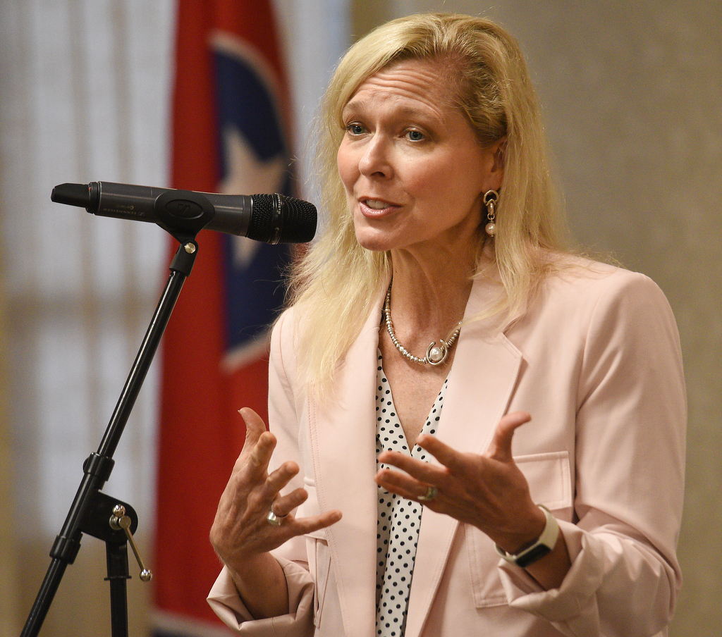 Staff Photo by Matt Hamilton / Chattanooga State Community College President Rebecca Ashford speaks at the school Monday.