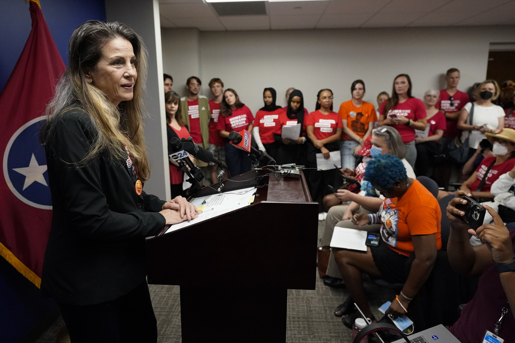 Carol Buckley Frazier of Moms Demand Action delivers remarks during a news conference before a special session of the state legislature on public safety Monday, Aug. 21, 2023, in Nashville, Tenn. (AP Photo/George Walker IV)