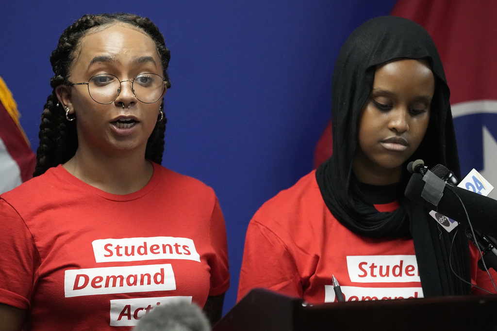Helena Spigner, left, and Ibti Cheko of Students Demand Action delivers remarks during news conference before a special session of the state legislature on public safety Monday, Aug. 21, 2023, in Nashville, Tenn. (AP Photo/George Walker IV)