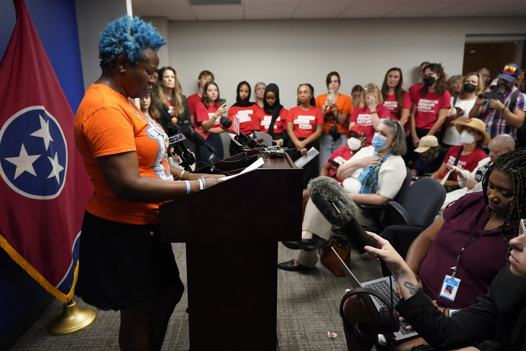 Shaundelle Brooks delivers remarks during a Moms Demand Action news conference before a special session of the state legislature on public safety Monday, Aug. 21, 2023, in Nashville, Tenn. (AP Photo/George Walker IV)