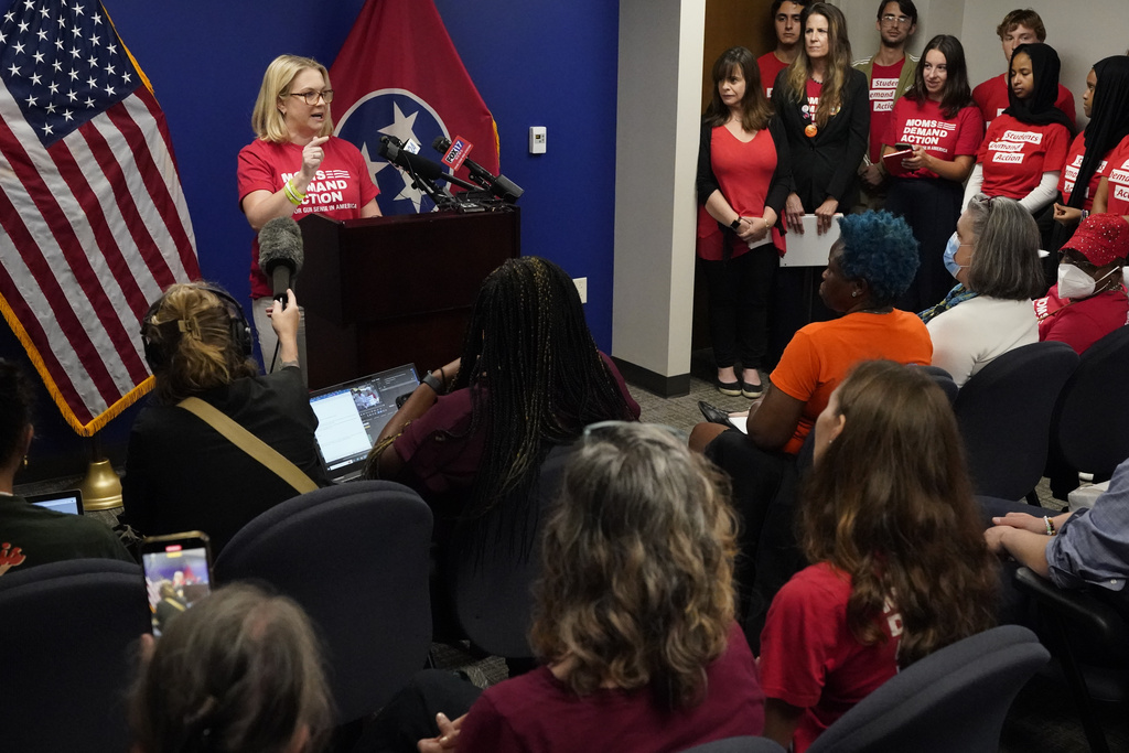 Melissa Joan Hart delivers remarks during a Moms Demand Action news conference before a special session of the state legislature on public safety Monday, Aug. 21, 2023, in Nashville, Tenn. (AP Photo/George Walker IV)