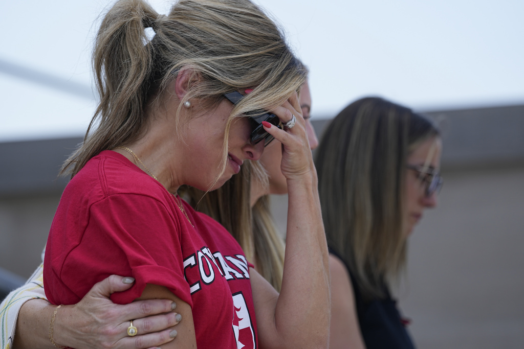Covenant School parent Mary Joyce gets emotional during a Covenant Families Action Fund news conference on the steps of the State Capitol before a special session of the state legislature on public safety Monday, Aug. 21, 2023, in Nashville, Tenn. (AP Photo/George Walker IV)