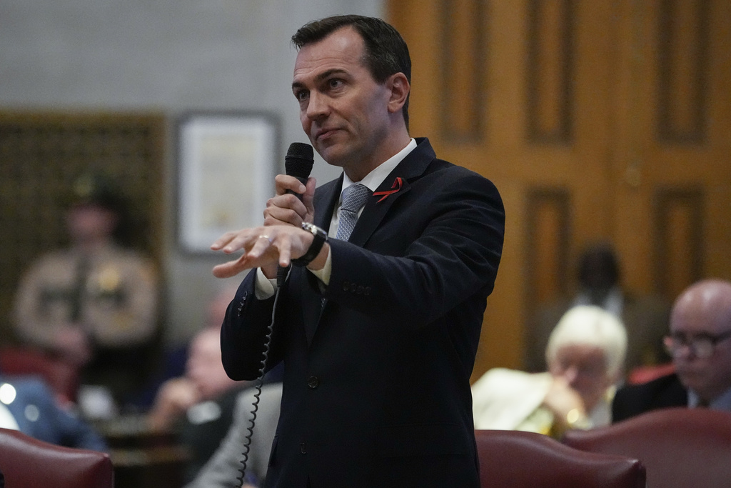 Rep. John Ray Clemmons, D-Nashville, speaks from the House floor during a special session of the state legislature, Monday, Aug. 21, 2023, in Nashville, Tenn. (AP Photo/George Walker IV)