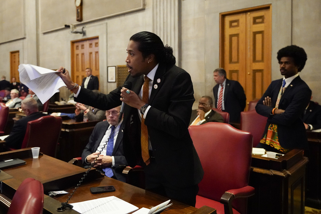 Rep. Justin Jones, D-Nashville, speaks on the House floor during a special session of the state legislature, Monday, Aug. 21, 2023, in Nashville, Tenn. (AP Photo/George Walker IV)