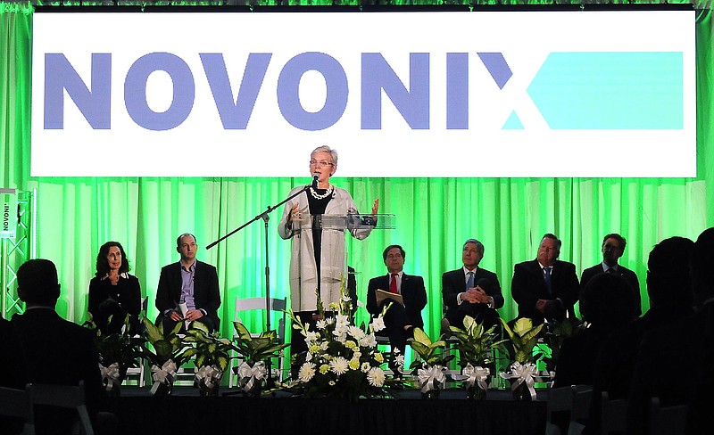 Staff Photo by Robin Rudd /  U.S. Energy Secretary Jennifer Granholm spoke in 2021 at a celebration of the new Novonix battery plant in Chattanooga, which is among more than $16 billion of electric vehicle-related investments made in the Volunteer State.