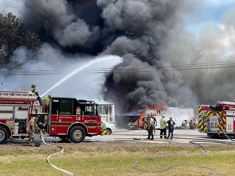 Cleveland-Bradley County Emergency Management Agency / Firefighters with Bradley County Fire-Rescue battle a blaze at Howard's Fireworks and flea market on U.S. Highway 64 in 2022.