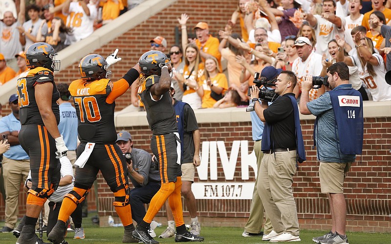 Tennessee Athletics photo / Tennessee quarterback Joe Milton III celebrates his 6-yard quarterback draw just before halftime that gave the No. 9 Volunteers their first lead of the game at 13-6 in their eventual 30-13 win over Austin Peay.