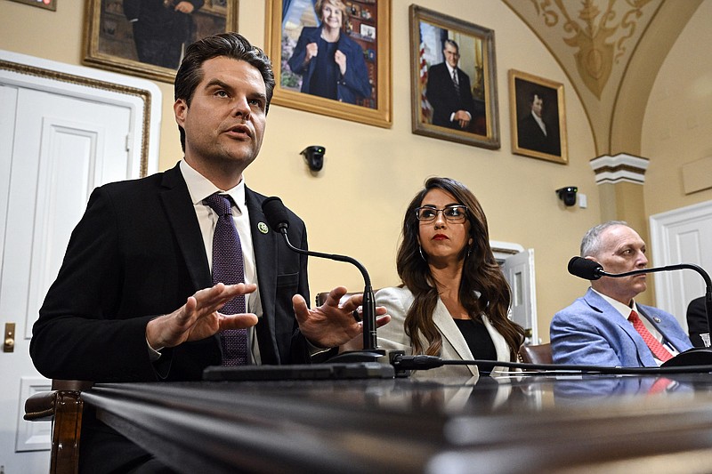 Photo/Kenny Holston/The New York Times / Reps. Matt Gaetz, R-Fla., and Lauren Boebert, R-Colo., appear before the House Rules Committee to propose amendments to the Department of Homeland Security Appropriations Bill in Washington on Friday, Sept. 22, 2023. Gaetz is among right-wing Republicans who will not back an interim spending measure.