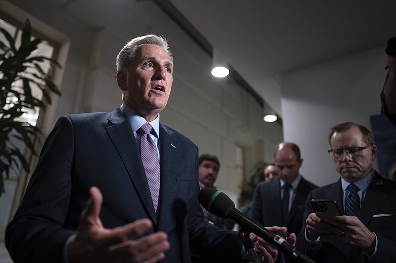 Speaker of the House Kevin McCarthy, R-Calif., talks to reporters after a closed-door meeting with Rep. Matt Gaetz, R-Fla., and other House Republicans after Gaetz filed a motion to oust McCarthy from his leadership role, at the Capitol in Washington on Tuesday. (AP Photo/J. Scott Applewhite)
