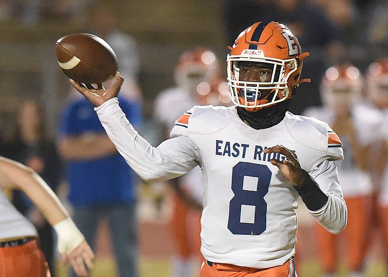 Staff file photo by Matt Hamilton / East Ridge quarterback Jermaine Blackstock had a pair of touchdown runs Friday night to lead the Pioneers to a 14-8 home win against Soddy-Daisy in TSSAA Region 3-4A competition.