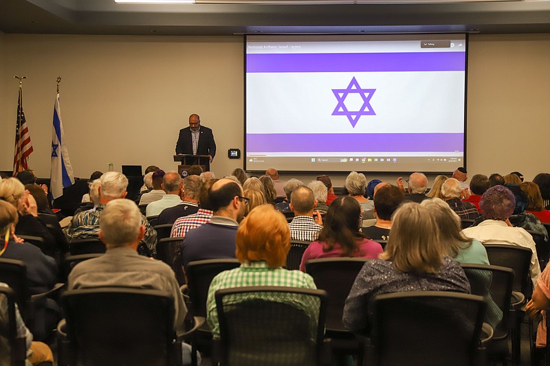 Staff photo by Olivia Ross / Michael Dzik, Executive Director at the Jewish Federation of Greater Chattanooga, speaks to the room. As war breaks out between Israel and Hamas, the Jewish Federation of Greater Chattanooga hosted a public rally to support Israel at the Jewish Cultural Center on Monday, October 9, 2023.