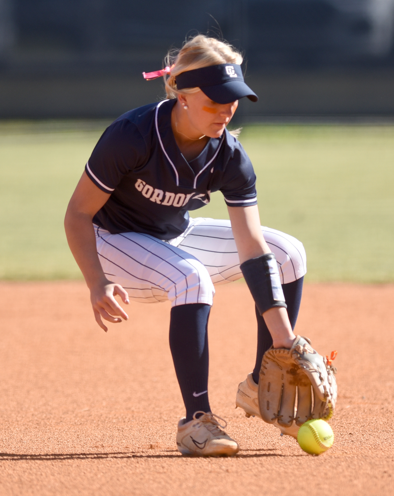 Staff photo by Matt Hamilton/ Gordon Lee (6) Ella Grace Hixon fields a Stephens County grounder at Gordon Lee on Tuesday, October 17, 2023. Gordon Lee went on to win the game, 15-0 in three innings by the mercy rule.
