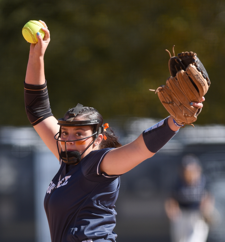 Staff photo by Matt Hamilton/ Gordon Lee (11) Sydney Garrett fires a pitch against Stephens County at Gordon Lee on Tuesday, October 17, 2023. Gordon Lee went on to win the game, 15-0 in three innings by the mercy rule.