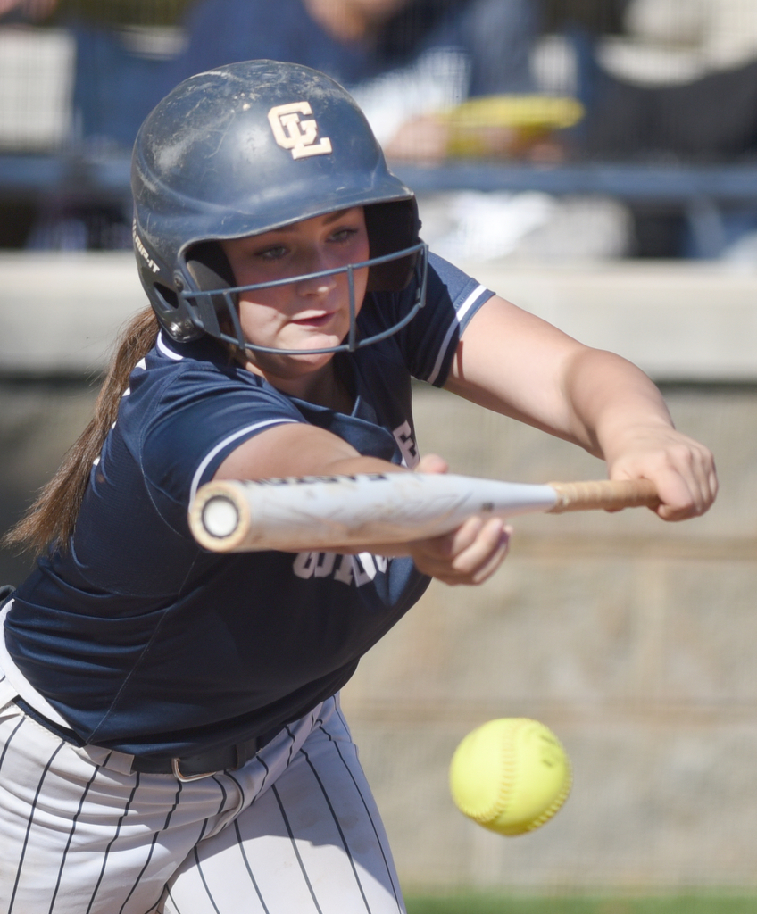 Staff photo by Matt Hamilton/ Gordon Lee (12) Gracie Helton lays down a bunt against Stephens County at Gordon Lee on Tuesday, October 17, 2023. Gordon Lee went on to win the game, 15-0 in three innings by the mercy rule.