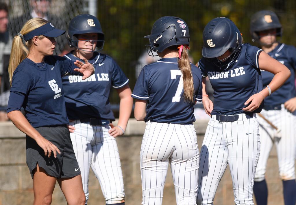 Staff photo by Matt Hamilton/ Gordon Lee coach Dana Mull talks to her players during a Stephens County pitching change at Gordon Lee on Tuesday, October 17, 2023. Gordon Lee went on to win the game, 15-0 in three innings by the mercy rule.