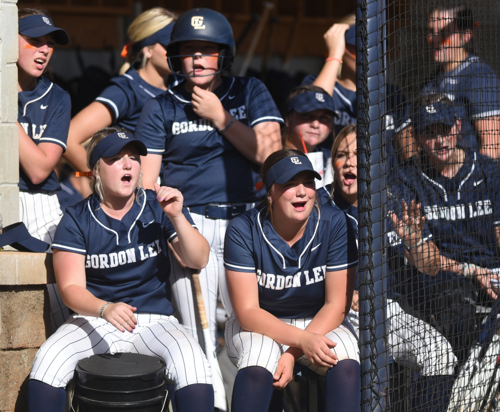 Staff photo by Matt Hamilton/ The Gordon Lee dugout cheers on a batter during their game against Stephens County at Gordon Lee on Tuesday, October 17, 2023. Gordon Lee went on to win the game, 15-0 in three innings by the mercy rule.