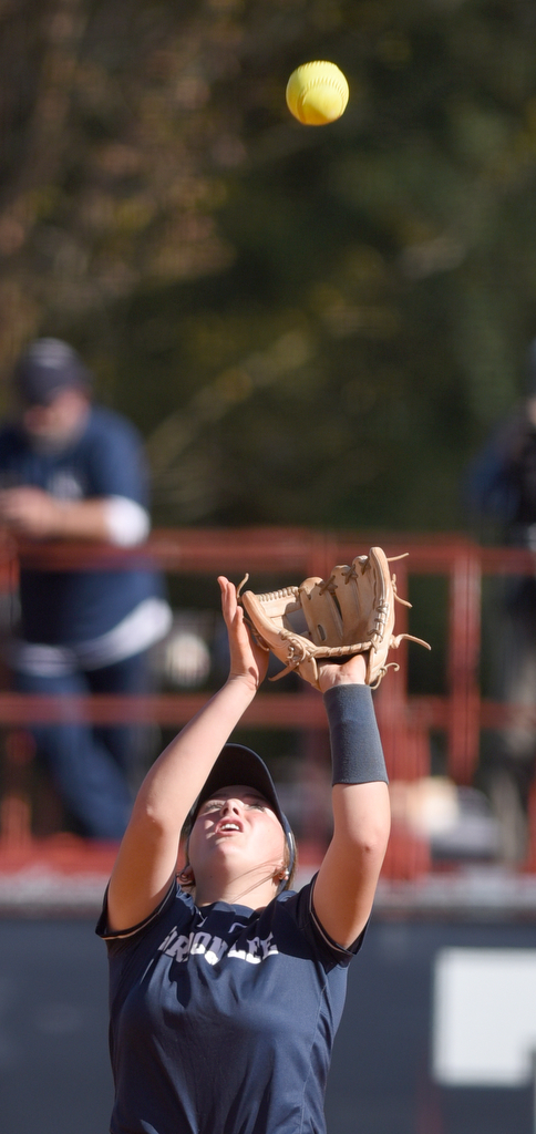 Staff photo by Matt Hamilton/ Gordon Lee (12) Gracie Helton handles a Stephens County pop fly at Gordon Lee on Tuesday, October 17, 2023. Gordon Lee went on to win the game, 15-0 in three innings by the mercy rule.